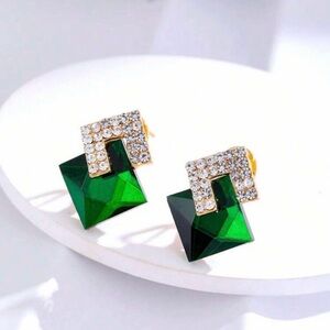Glam Green Rhinestone Geometric Clip-On Stud Earrings